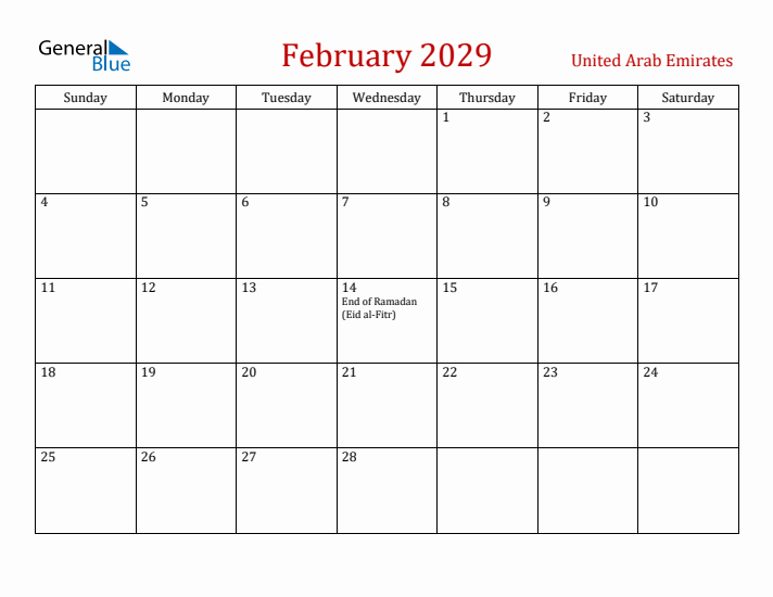 United Arab Emirates February 2029 Calendar - Sunday Start