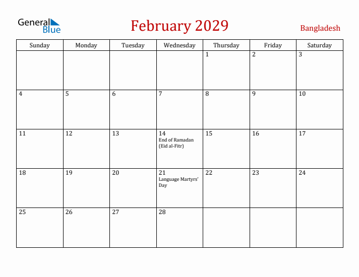 Bangladesh February 2029 Calendar - Sunday Start