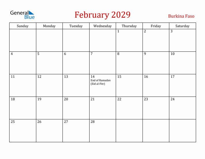 Burkina Faso February 2029 Calendar - Sunday Start