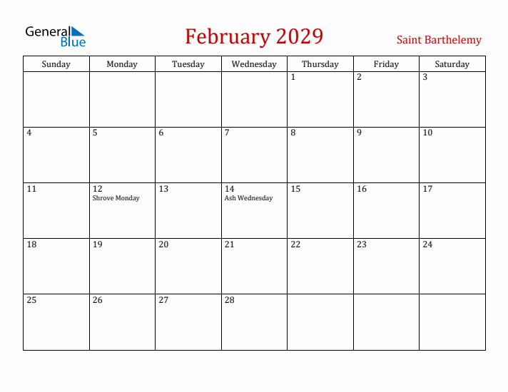 Saint Barthelemy February 2029 Calendar - Sunday Start