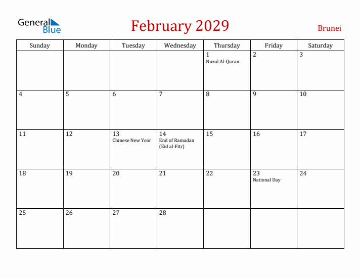 Brunei February 2029 Calendar - Sunday Start