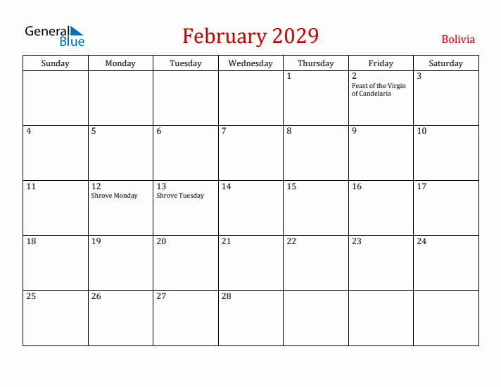 Bolivia February 2029 Calendar - Sunday Start