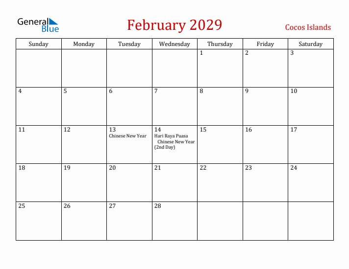 Cocos Islands February 2029 Calendar - Sunday Start