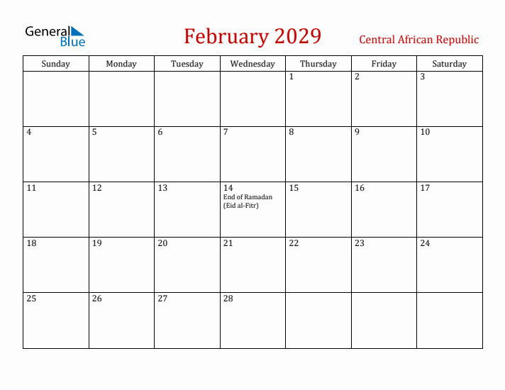 Central African Republic February 2029 Calendar - Sunday Start