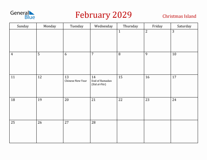 Christmas Island February 2029 Calendar - Sunday Start