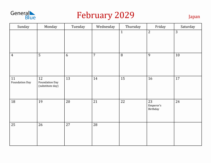 Japan February 2029 Calendar - Sunday Start