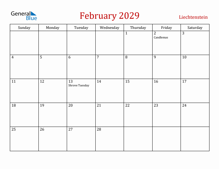 Liechtenstein February 2029 Calendar - Sunday Start