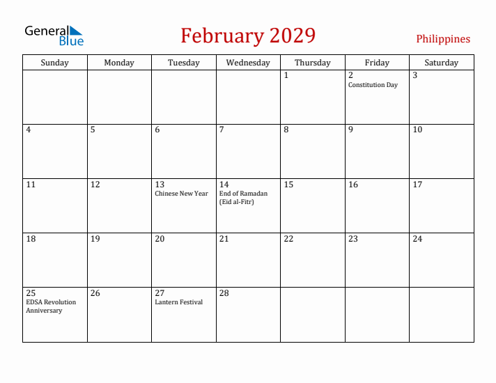 Philippines February 2029 Calendar - Sunday Start