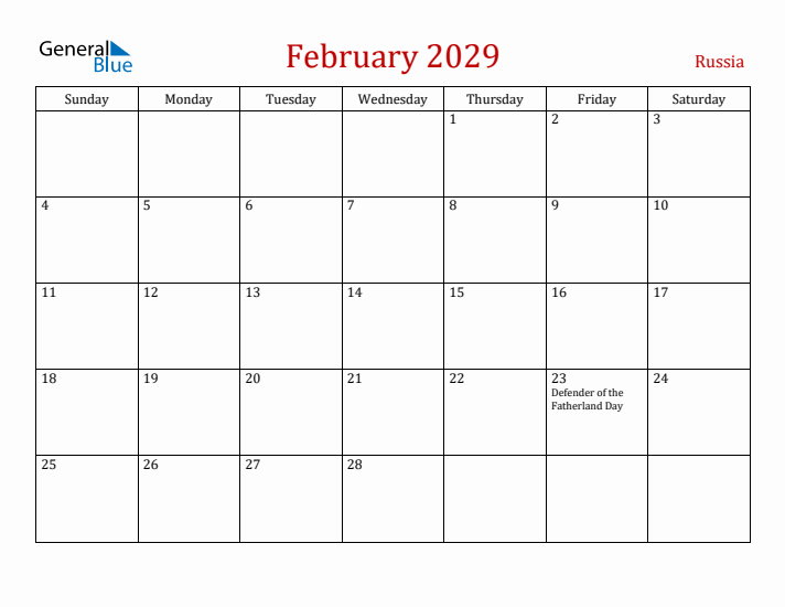 Russia February 2029 Calendar - Sunday Start