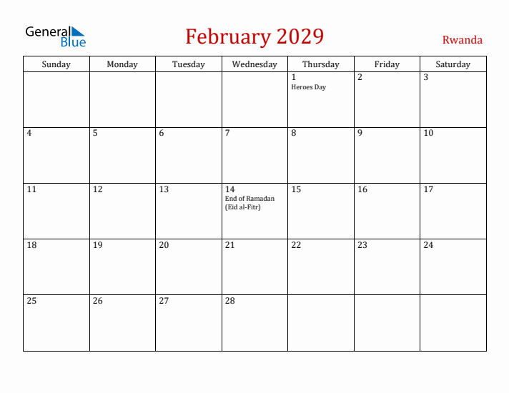 Rwanda February 2029 Calendar - Sunday Start