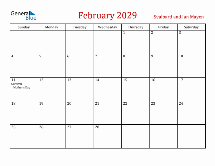 Svalbard and Jan Mayen February 2029 Calendar - Sunday Start
