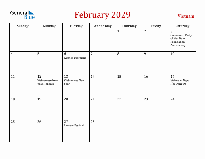 Vietnam February 2029 Calendar - Sunday Start