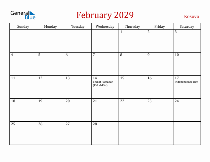 Kosovo February 2029 Calendar - Sunday Start