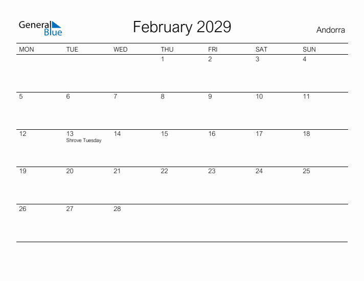 Printable February 2029 Calendar for Andorra