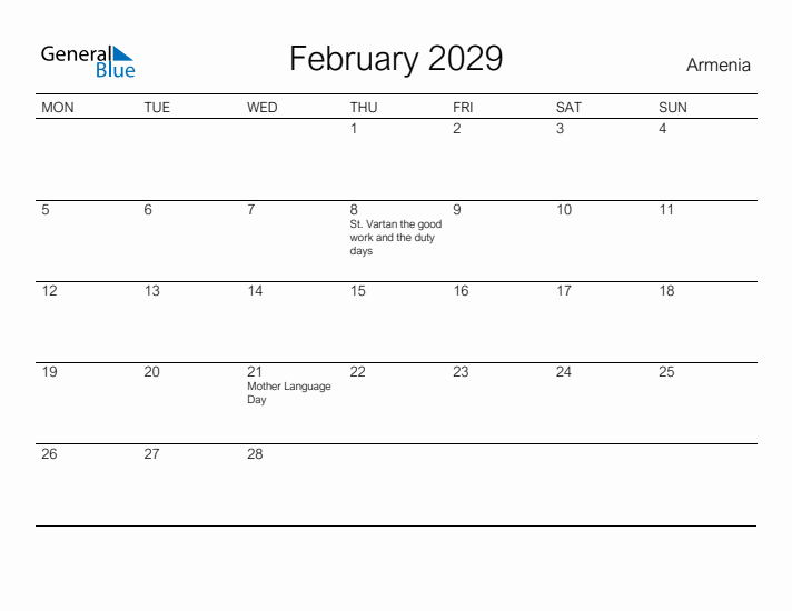 Printable February 2029 Calendar for Armenia