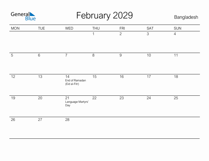 Printable February 2029 Calendar for Bangladesh