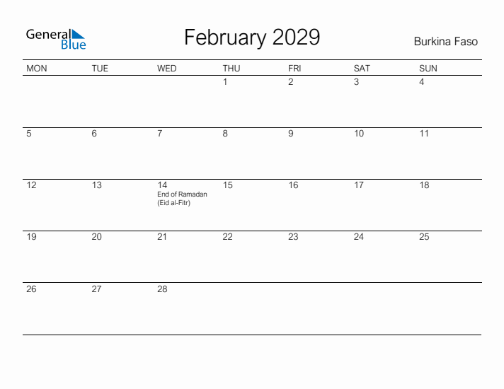 Printable February 2029 Calendar for Burkina Faso