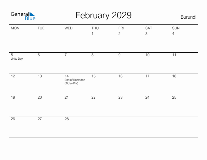 Printable February 2029 Calendar for Burundi