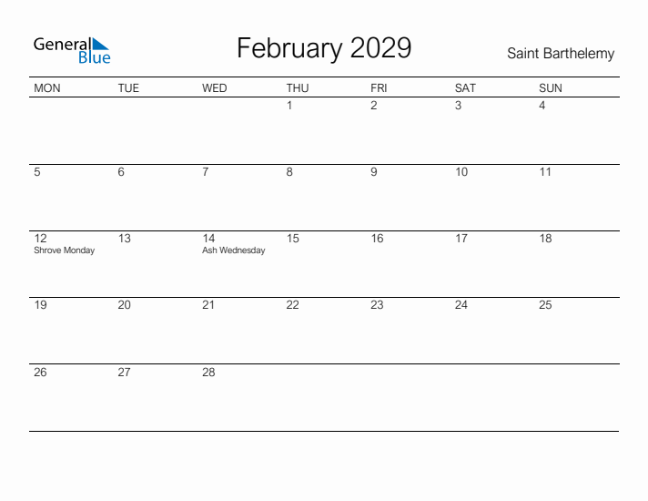 Printable February 2029 Calendar for Saint Barthelemy