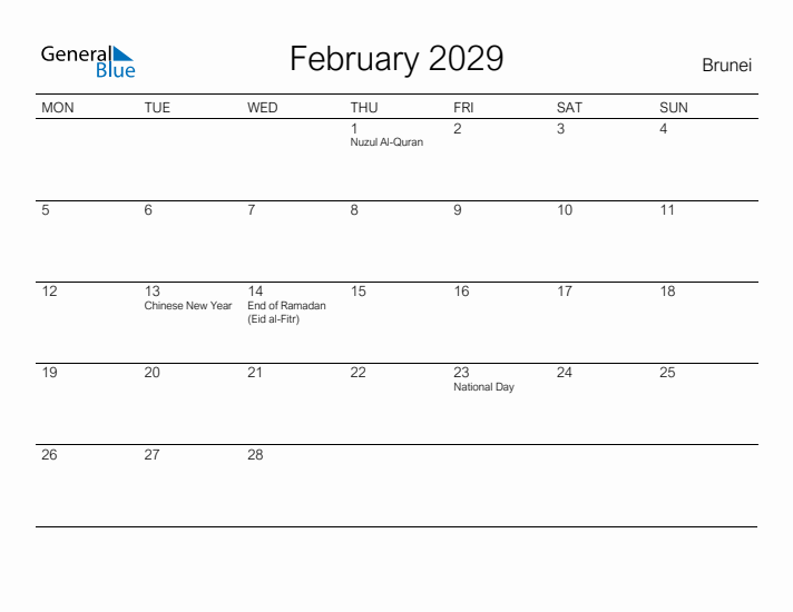 Printable February 2029 Calendar for Brunei