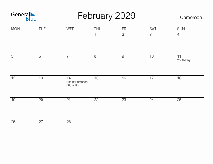 Printable February 2029 Calendar for Cameroon