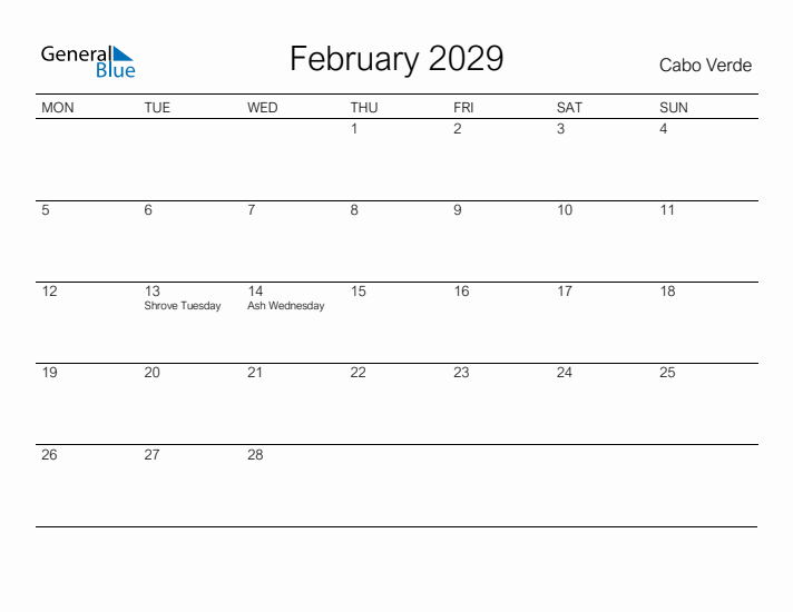 Printable February 2029 Calendar for Cabo Verde