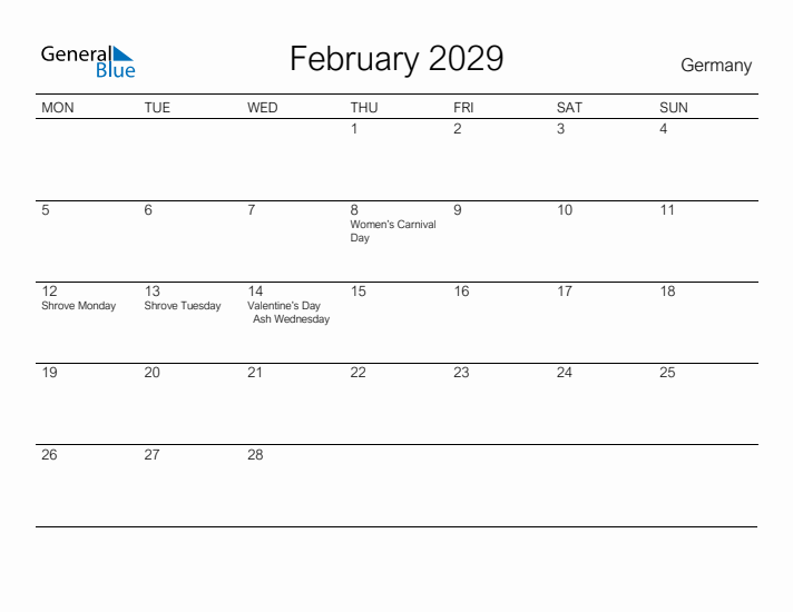 Printable February 2029 Calendar for Germany
