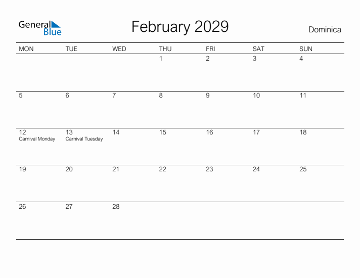 Printable February 2029 Calendar for Dominica