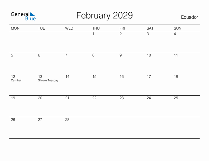 Printable February 2029 Calendar for Ecuador