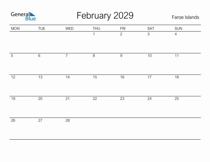 Printable February 2029 Calendar for Faroe Islands