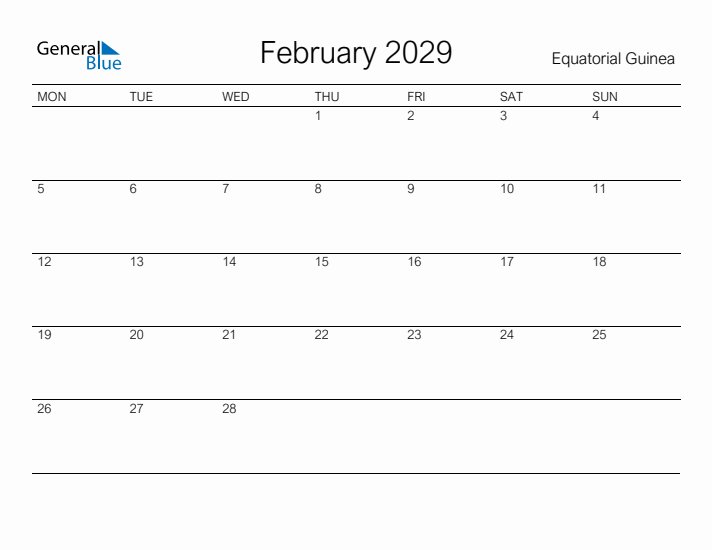 Printable February 2029 Calendar for Equatorial Guinea