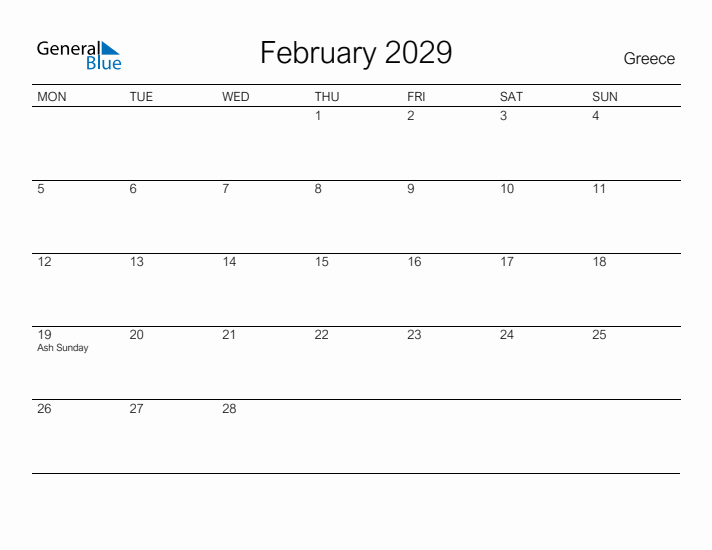 Printable February 2029 Calendar for Greece