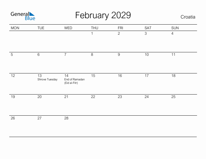Printable February 2029 Calendar for Croatia