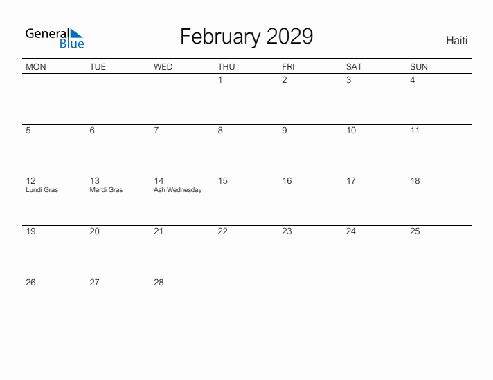 Printable February 2029 Calendar for Haiti