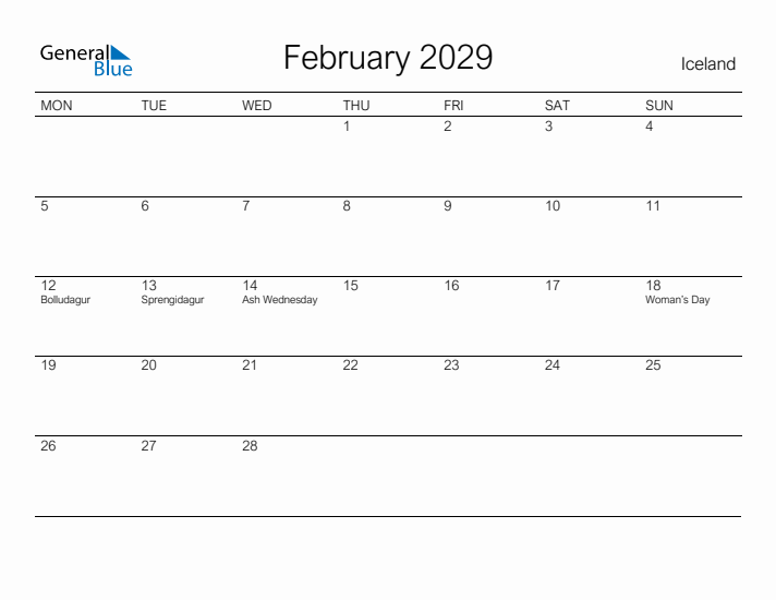 Printable February 2029 Calendar for Iceland