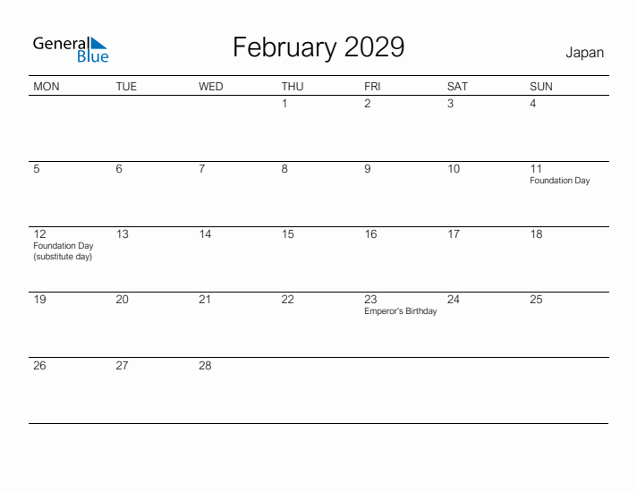 Printable February 2029 Calendar for Japan