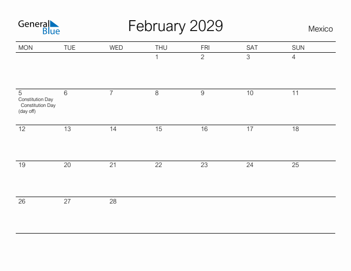 Printable February 2029 Calendar for Mexico