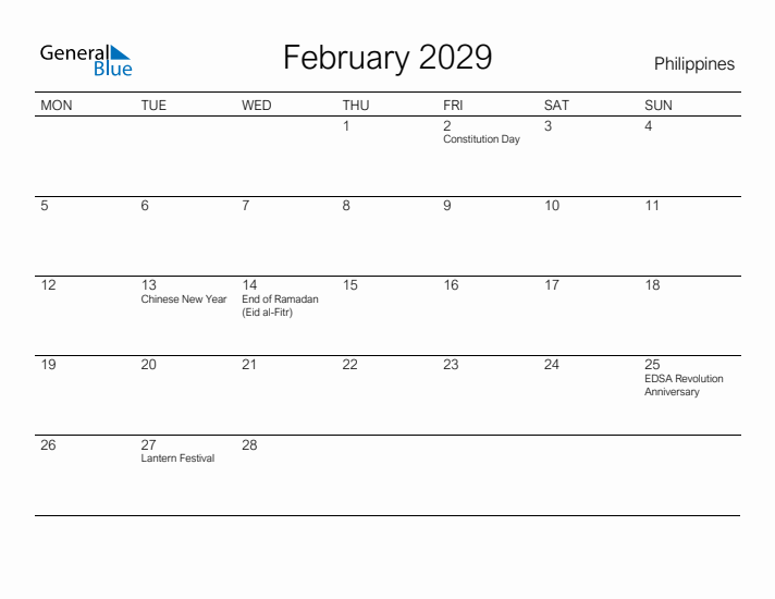 Printable February 2029 Calendar for Philippines
