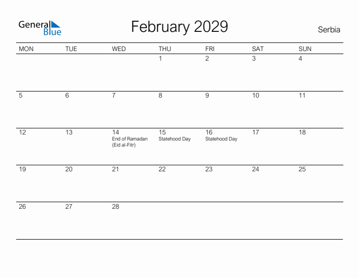Printable February 2029 Calendar for Serbia