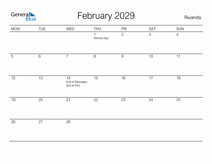 Printable February 2029 Calendar for Rwanda