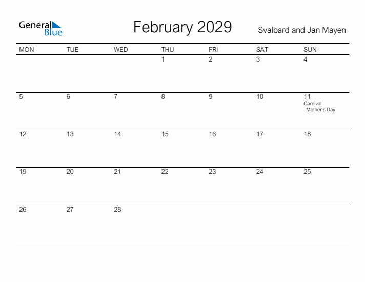 Printable February 2029 Calendar for Svalbard and Jan Mayen