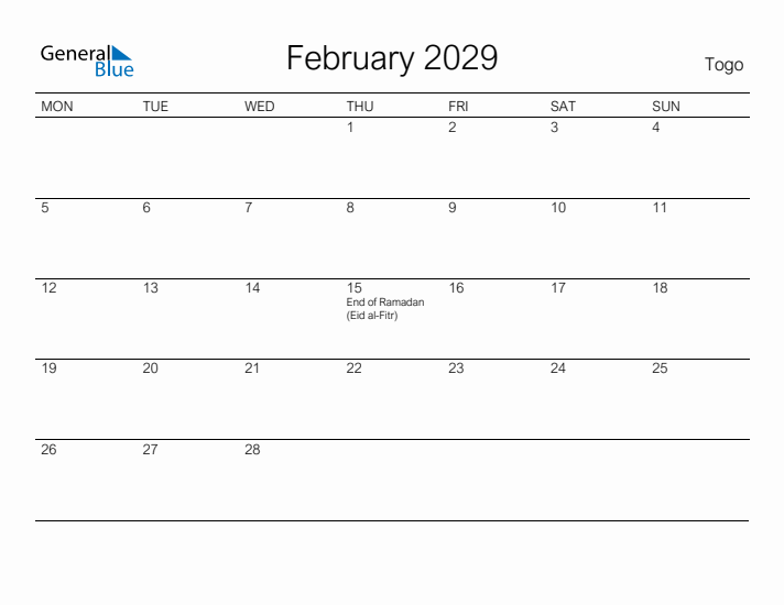 Printable February 2029 Calendar for Togo