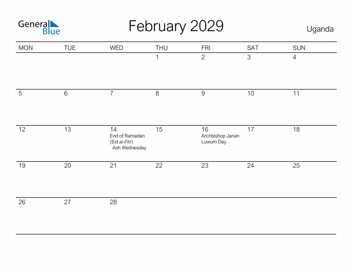 Printable February 2029 Calendar for Uganda