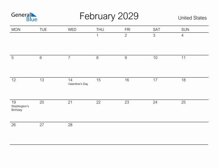 Printable February 2029 Calendar for United States