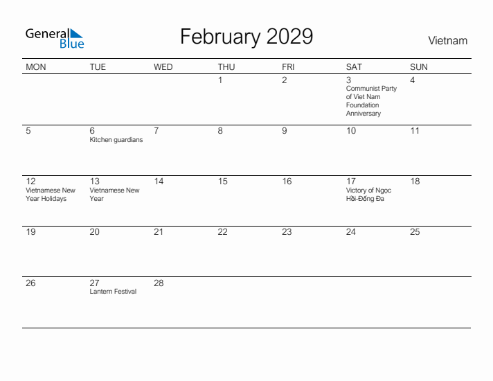Printable February 2029 Calendar for Vietnam