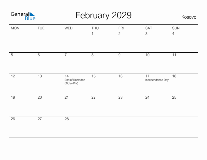 Printable February 2029 Calendar for Kosovo