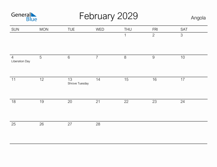 Printable February 2029 Calendar for Angola