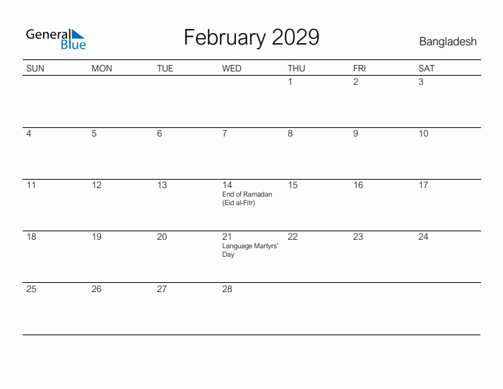 Printable February 2029 Calendar for Bangladesh