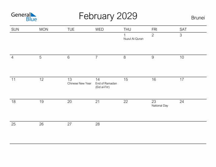 Printable February 2029 Calendar for Brunei