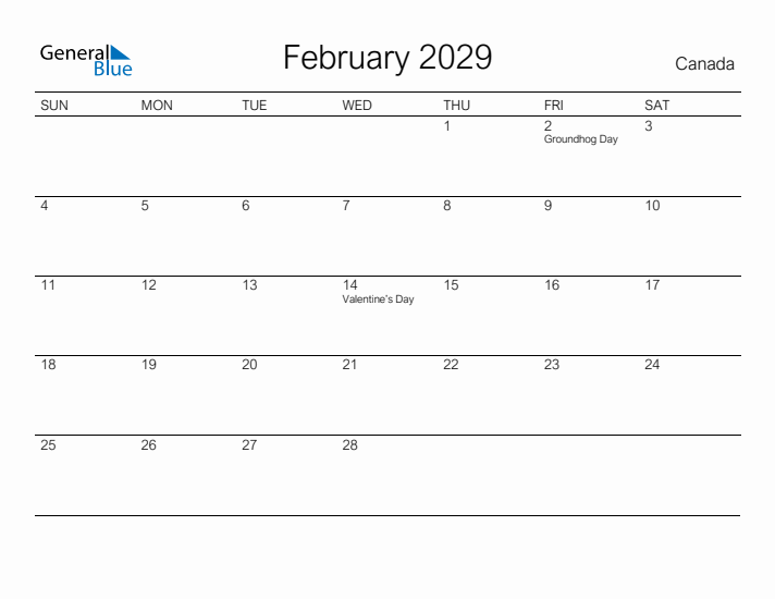 Printable February 2029 Calendar for Canada